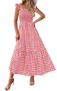 PRETTYGARDEN Women's Summer Dress Casual Ruffle Strap Gingham Midi Sundress | Square…