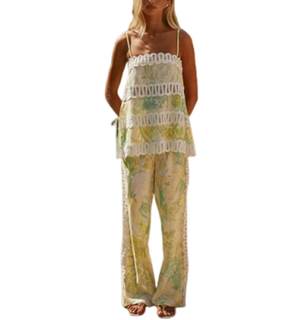 Women's 2 Piece Floral Print Set Lace Trim Cami Top & Wide Leg Pants Set Boho Summer…