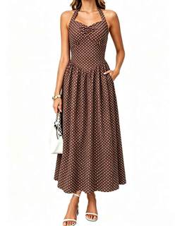 Women's Vintage Polka Dot Halter A-Line Maxi Dress with Pockets | Ruched sweetheart bust…