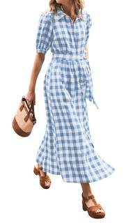 CHARTOU Women Summer Plaid Puff Short Sleeve Dress Button Down Long Shirt Dress with Belt…