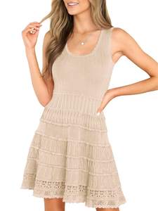 Fisoew Womens Summer Mini Dresses Crewneck Knitted Crochet Tank Sundress | Casual…