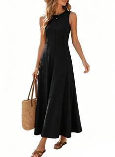 Women’s Round Neck Maxi Dress V Back Tie Back Summer Dress | Sleeveless maxi dress with…
