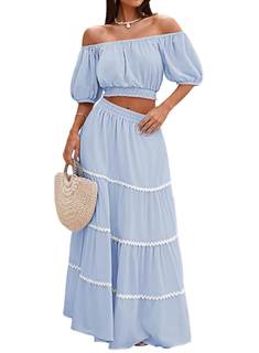 HUUSA 2026 Summer 2 Piece Boho Outfits for Women Short Sleeve Off Shoulder Crop Top and…