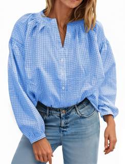 Cicy Bell Womens Gingham Blouse Puff Long Sleeve Plaid Shirts Loose Fit Top | V…