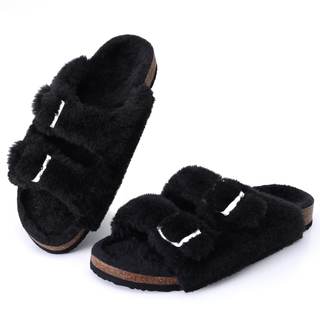 KIDMI Fuzzy Slippers for Women with Cork Footbed Fluffy Slides House Shoes 8-8.5 Black