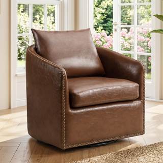 HAOMARKETS 360 Degree Swivel Barrel Chair with Plump Back Pillow, Waterproof Oil Waxed PU…