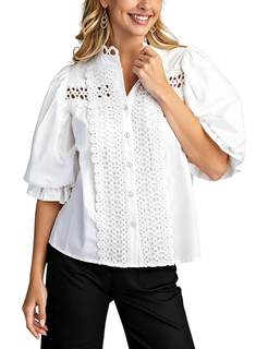 Esmeling Women Lace Embroidered Eyelet Top Mock Neck Puff Ruffle Sleeve Shirt Hollow Out…
