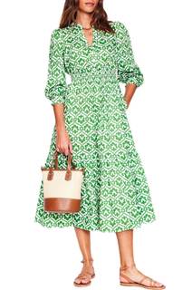 YEXPINE Women's Printed Tiered Cotton Midi Dress Long Sleeve V-Neck Smocked Waist A-Line…