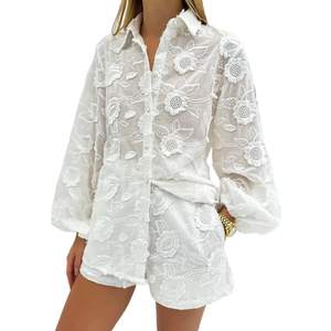 REASERAL Womens Lace 2 Piece Outfits Long Sleeves Lapel Jacket Top Lace Up Mini Shorts…