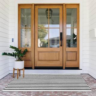 Small Black and White Layering Front Doormat Rug 2x4.3ft Striped Outdoor Porch Rug Cotton…