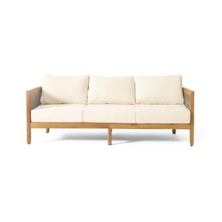 Burchett Outdoor 3 Seater Sofa with Cushions - Acacia Wood and Round Wicker - Teak/Mixed…