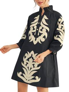 Womens Floral Embroidered Applique Mini Summer Dress 3/4 Puff Sleeves Ruffled V Neck…