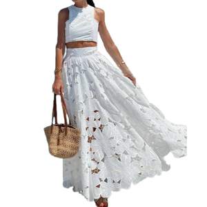 REASERAL Womens Lace Maxi Skirt Outfits Sleeveless Crop Vest Top Sexy Hollow Out Maxi…