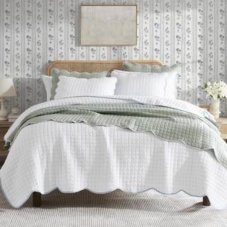 WDCOZY White King Size Quilt Bedding Set, Blue Scalloped Farmhouse Country Rustic…