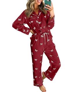 whoinshop Pajamas Set for Women Cute Bows Long Sleeve Button Down Pjs Sets 2 Piece…