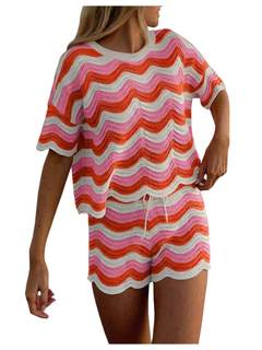RoseSeek Women's 2 Piece Beach Cover Ups Crochet Short Set | Colorful Knit, Short Sleeve…