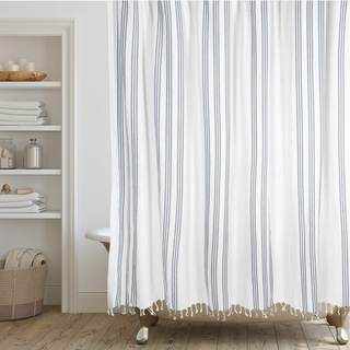 HALL & PERRY Modern Transitional Chambray Blue Striped Shower Curtain with Tassels…