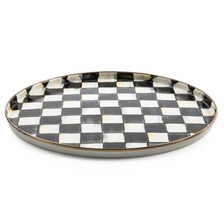 MACKENZIE-CHILDS Enamel Round Tray, Black-and-White Courtly Check | Hand-painted design…