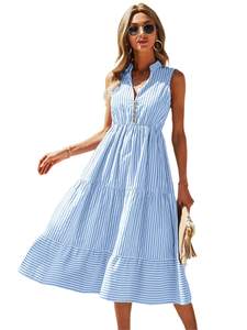 Floerns Women's Striped Print Notched Neck Sleeveless Ruffle A Line Midi Dress Small Blue