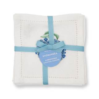 Two's Company Hydrangea Set of 6 Hemstitch Cocktail Napkins w/Hand Embroidered Details…