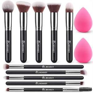 BEAKEY Makeup Brushes set with 2 Blending Sponges,10 Brush Face and Eye Set |…