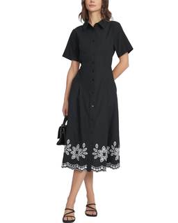 Women's Embroidered Midi Shirt Dress Short Sleeve Button Down Elastic Waist A-Line Flowy…
