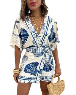 THLAI Womens Short Sleeve V Neck Seashell Print Wrap Tie Waist Skort Romper One Piece…