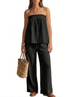 MAKABO 2 Piece Sets for Women Summer Tube Top Lounge Matching Trendy Wide Leg Pants…