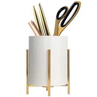 Gold pencil cup Sturdy metal frame with white ceramic pen holder For desks and kitchen…