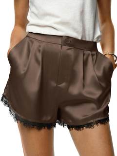 Tankaneo Womens Satin Silk Shorts High Waist Lace Lounge with Pockets | Button Detail…