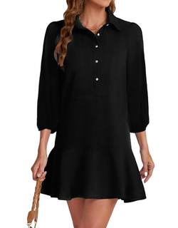 YEXPINE Women Button Down Dress Casual 3/4 Puff Sleeve Cotton Linen Dress Flowy Ruffle…