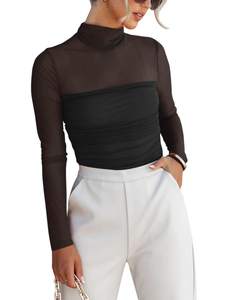 REORIA Women’s Trendy Sexy Mock Turtle Neck Long Sleeve Sheer Mesh Ruched Going Out…