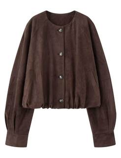 Women’s Cropped Faux Suede Jacket Crew Neck Button Down Outerwear Long Sleeve Oversized…