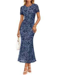ZESICA Women Summer 2026 Floral Short Sleeve Bodycon Mesh Maxi Formal Dress | Ruched…