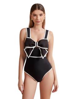 FLAXMAKER Black and White Swimsuit Bow-tie Decor One Piece Bathing Suit Small Black…