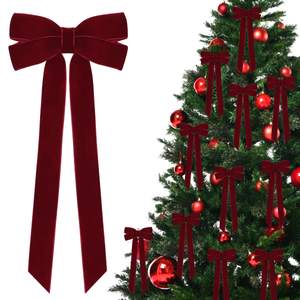 12Pcs Burgundy Velvet Ribbon Bows Christmas Tree Decorations,5in x 10in Xmas Ornaments…