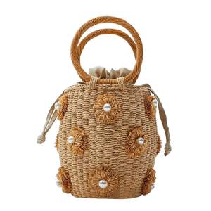 Flower Pearls Rattan Tote Bag Summer Beach Drawstring Straw Bucket Bag Diamonds Woven…