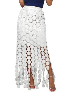 Kissonic Womens Long Fringe Maxi Skirt Summer Hollow Out Boho Elastic High Waist Skirt…