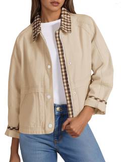 Tankaneo Womens Cropped Barn Jacket Zip Up Lightweight Contrast Plaid Coat | Cozy Warm…