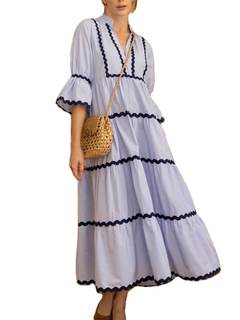 utcoco Women's Summer Beach Vacation Boho Striped RIC Rac Dress Flutter 3/4 Sleeve Tiered…