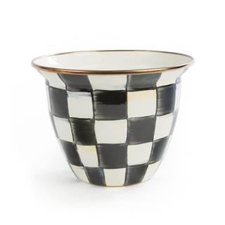 MACKENZIE-CHILDS Enamel Flowerpot, Black-and-White Courtly Check | Hand-painted design…