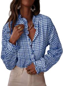 Astylish Womens Plaid Ruffle V Neck Button Down Blouse Casual Long Sleeve Gingham Trendy…