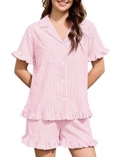 Kissonic Womens Striped Pajamas Set 2 Piece Cotton Short Sleeve Ruffle Pajama V Neck…