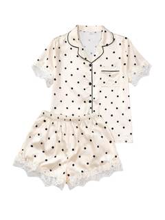 Verdusa Women's 2 Piece Pj Sets Polka Dots Satin Pajama Set Lace Lounge Sets Button Down…