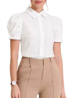 Allegra K Women's Work Tops Puff Short Sleeve Turn Down Collared Button Down Shirt Summer…