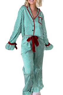 KMBANGI Women Santa Bow Tie Pajama Set Christmas Long Sleeve Shirt Pants Pj Silky Satin…