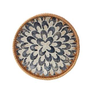 Round Rattan Tray with Mother of Pearl Inlay, Rattan Serving Tray with Wooden Base…