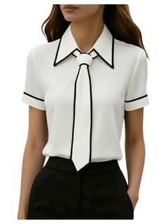 WDIRARA Women's Contrast Trim Tie Neck Shirts Short Sleeve Blouse Business Dressy Tops…