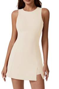 QINSEN Womens Crew Neck Tennis Dress Sleeveless Side Slit Golf Athletic Dress Build in…