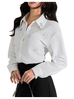 SweatyRocks Women's Long Sleeve Button Down Shirts Blouses Rhinestone Business Work Tops…